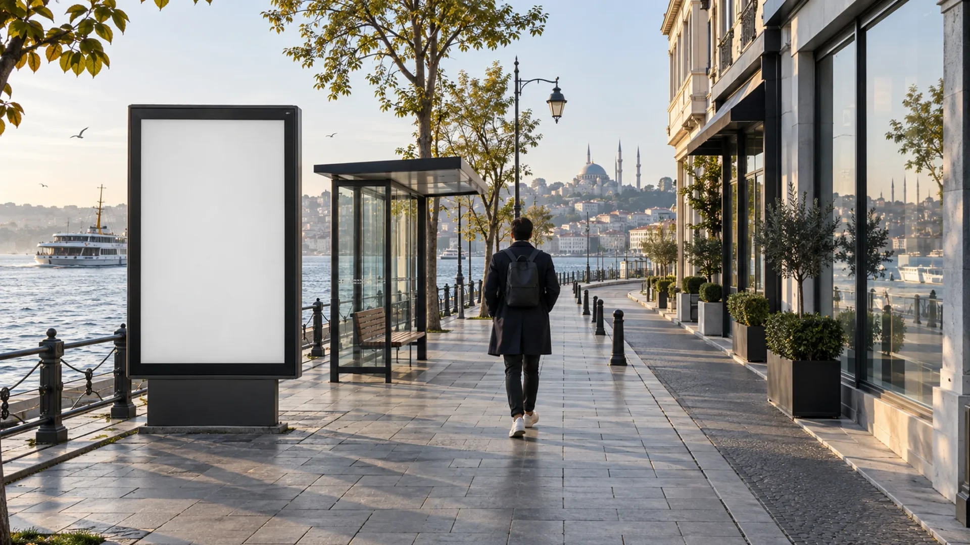 Şehir caddesinde farklı iletişim temas noktalarının önünden geçen bir yaya