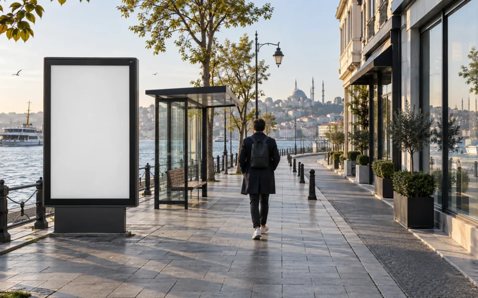 Şehir caddesinde farklı iletişim temas noktalarının önünden geçen bir yaya