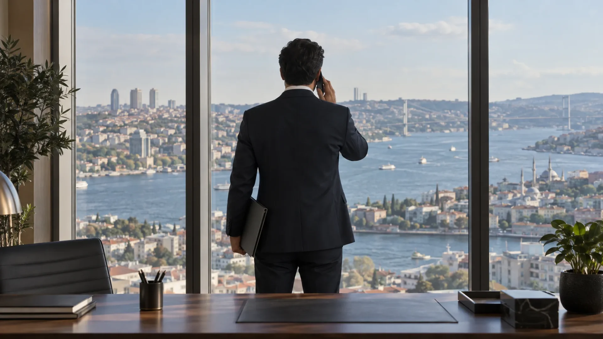Ofis penceresi önünde arkadan görünen kişi telefonla ekipler arası iletişim planını koordine ediyor
