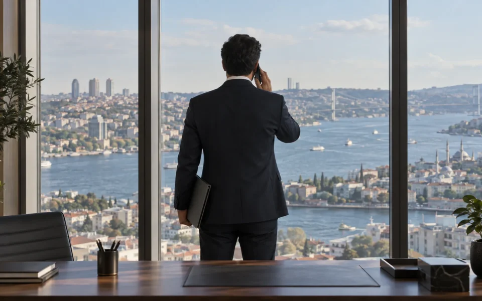 Ofis penceresi önünde arkadan görünen kişi telefonla ekipler arası iletişim planını koordine ediyor